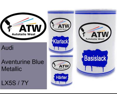 Audi, Aventurine Blue Metallic, LX5S / 7Y: 500ml Lackdose + 500ml Klarlack + 250ml Härter - Set, von ATW Autoteile West.